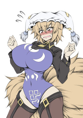 1girls big_breasts blonde_hair blush blush_lines breasts brown_hair clothed_female female fox_girl hat hidefu_kitayan kitsune light-skinned_female light_skin mature_female multi_tail ran_yakumo solo solo_female tail tails thighs touhou white_background yellow_hair