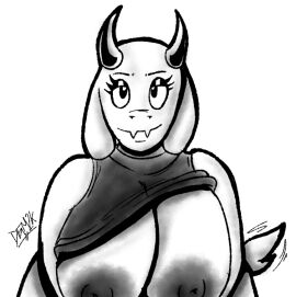 anthro areola big_areola big_breasts black_and_white bovid breasts caprine clothed clothing clothing_lift dgm2k female goat horn mammal mature_female monochrome raised_clothing raised_shirt raised_topwear shirt shirt_lift shirt_up solo tail tail_motion tailwag topwear toriel undertale undertale_(series) wide_hips