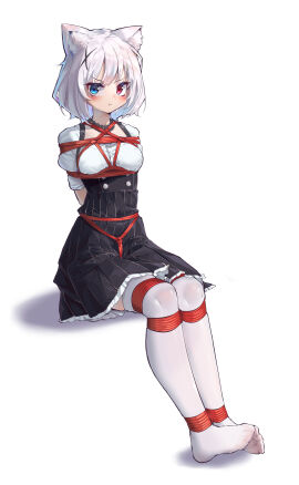 absurdres animal_ears blue_eyes bondage bound breasts cat_ears crotch_rope female highres medium_hair no_shoes original red_eyes restrained shibari_over_clothes small_breasts thighhighs white_hair white_thighhighs xiongmao