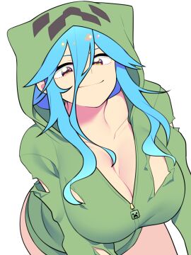 1girls bell_(artist) bellupup blue_hair breasts cleavage cupa female hair_between_eyes hi_res hoodie large_breasts minecraft mob_talker ripped_clothing solo tagme white_background zipper