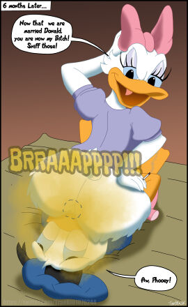 absurd_res accessory angry anthro ass beak bed big_ass big_butt bottomless bow_ribbon cigarette clothed clothing daisy_duck dialogue disney donald_duck duo english_text facesitting fart fart_cloud fart_fetish farting_in_mouth farting_on_face feathers female footwear furniture hair_accessory hair_ribbon hairbow hi_res high_heels looking_at_another looking_back looking_back_at_another looking_down_at_another male male/female on_bed ribbons shoes sitting_on_another smile smoke sound_effects speech_bubble tail tail_feathers text traylblaezer white_body white_feathers