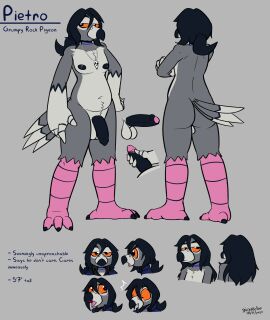 2025 3_toes 4_toes absurd_res accessory anthro avian balls beak bird black_beak black_body black_claws black_eyes black_feathers black_hair black_penis blue_body blue_feathers blue_stripes claws clothing columbid crossed_arms english_text erection feathers feet felino flaccid footwear foreskin front_view genitals glans grey_background grey_balls grey_beak grey_body grey_feathers hair hair_accessory hairband hand_on_hip hi_res jewelry male model_sheet multiple_poses necklace necklace_only nude orange_sclera penis pietro_(felino) pigeon pink_glans ponytail pose purple_body purple_feathers purple_stripes rear_view sandals shoes simple_background skull_necklace solo striped_feathers stripes tail tail_feathers talons text toe_claws toes uncircumcised white_body white_feathers