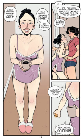 1boy 1girls asian_female big_penis black_hair blanket coffee comic dialogue dubious_consent english_text female hair_bun hi_res highres horny_female incest light-skinned_female light-skinned_male light_skin looking_at_viewer male male_pov milf mommy_kink mother mother_and_son negligee nightgown not_enough_milk_(artist) obsessed older_female older_female_and_younger_male original original_character penis pov questionable_consent speech_bubble text uncensored yandere yanincest