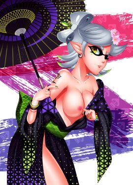 areolae armpits beauty_mark bracelet breasts breasts_out collarbone earring exposing_breasts female flower_in_hair friendship_bracelet green_hairtips hair_bow_(anatomy) jassycoco kimono kimono_pull marie_(octo_canyon) marie_(splatoon) navel nintendo nipples painted_nails pointed_ears rose_tattoo simple_background smirk splatoon splatoon_(series) splatoon_2 splatoon_2:_octo_canyon squid squid_girl squid_humanoid striped_background tattoo tentacle_hair thighs two-tone_hair umbrella white_background white_hair wristband yellow_eyes
