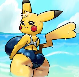 :3 absurd_res ass ass_focus back_focus beach big_ass big_breasts big_butt breasts butt_focus clothing eye_contact eye_glint female generation_1_pokemon glistening glistening_body glistening_clothing glistening_eyes glistening_swimwear heart_tail hi_res huge_breasts long_tail looking_at_another looking_at_viewer nintendo one-piece_swimsuit partially_submerged pear-shaped_figure pikachu pokemon pokemon_(species) rear_view ruffled_fur school_swimsuit sky skyscape solo swimwear tail teztaz thick_thighs wide_hips
