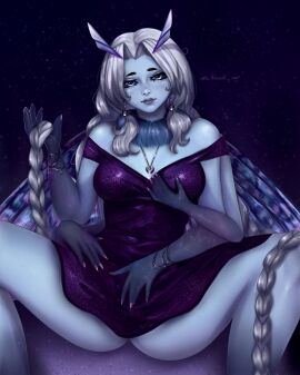 1girls 2023 4_arms absurd_res black_sclera blue_eyes blue_skin dress female female_only freckles humanoid insect_wings legs_apart long_hair looking_at_viewer moth moth_humanoid multi_arm multi_limb sitting solo sovish twin_braids very_long_hair white_hair wings