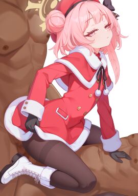 2boys absurdres anal ankle_boots beret black_bow black_gloves black_pantyhose blue_archive boots bow capelet censored closed_mouth clothed_female_nude_male cross-laced_footwear dark-skinned_male dark_skin double_penetration dress expressionless feather_hair female fur-trimmed_capelet fur_trim gloves group_sex hair_bun halo hat hat_bow highres linhangwei long_sleeves looking_at_viewer male mmf_threesome mosaic_censoring multiple_boys multiple_males muscular muscular_male navel nude official_alternate_costume official_alternate_hairstyle pantyhose pink_eyes pink_hair pom_pom_(clothes) red_capelet red_dress red_hat revision santa_dress serina_(blue_archive) serina_(christmas)_(blue_archive) simple_background single_hair_bun single_side_bun threesome white_background white_footwear yellow_halo young