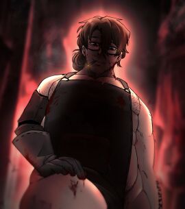 apron apron_only arm_tattoo background chubby chubby_male cigarette colored cute_male glasses gloves gregor_(limbus_company) limbus_company looking_down looking_down_at_viewer male male_only project_moon prosthetic_arm shaded shaded_background smirking_at_viewer smoking solo solo_male