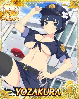 1girls blue_crop_top blue_eyes blue_hair blue_skirt breasts clouds crop_top female handcuffs hat large_breasts looking_at_viewer maxdxd midriff navel outside panties police police_car police_uniform policewoman senran_kagura short_hair skirt sky thighhighs upskirt white_panties yozakura_(senran_kagura)