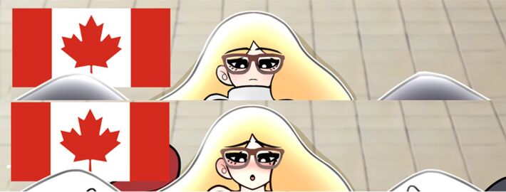 bare_legs bella_(what_if_animation) blonde_female blonde_hair blush canada canada_(what_if_animation) canadian_flag cropped female glasses implied_penetration implied_sex legs legs_up looking_at_viewer national_personification nude open_mouth original original_source_gone twitter_source what_if_animation_(artist)