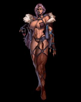 1girls big big_breasts black_background blue_lipstick breasts cleavage dark_skin dee_eye_ell female female_only fingerless_gloves fur_coat lagon_(artist) large_breasts lipstick long_hair looking_at_viewer mature_female midriff purple_eyes purple_hair solo sword_art_online sword_art_online:_alicization tagme thick_thighs villainess white_hair wide_hips wine_glass