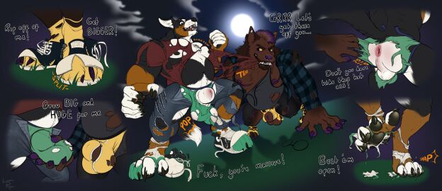 absurd_res all_fours animal_genitalia anthro anus backsack balls ballsack beard bernese_mountain_dog bulge bulge_grab canid canine canis claws dialogue domestic_dog duo english_text facial_hair fangs floppy_ears full_moon fully_sheathed gay gay_male genitals growth hi_res lucas_(lucasreturns) lunatic_pangolin male male/male mammal molosser moon mountain_dog musclegut muscular muscular_anthro muscular_male mythological_canine mythological_creature mythology night perineum ripping_clothing sheath swiss_mountain_dog teeth text toe_claws torn_shoes transformation were werecanid werecanine weredog werewolf yaoi