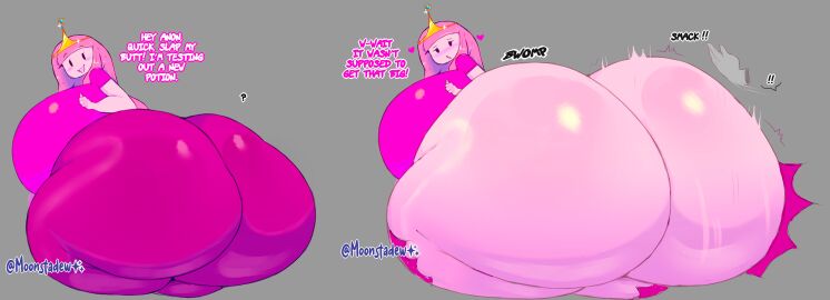 adventure_time artist_name ass ass_bigger_than_breasts ass_bigger_than_head ass_bigger_than_torso ass_expansion ass_focus back_view big_breasts blush breasts breasts_bigger_than_head bubble_ass bubble_butt crown dialogue dialogue_bubble expansion expansion_sequence female grey_background heart hearts_around_head huge_ass huge_breasts hyper hyper_ass long_hair looking_at_viewer massive_ass moonraige open_mouth pink_hair pink_skin princess princess_bubblegum ripped_clothing shiny_ass shiny_skin simple_background slapping_butt smile smiling smiling_at_viewer spanking talking_to_viewer tight_clothing