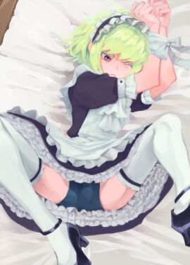 1boy blue_eyes blush bob_cut bondage bulge bulge_through_clothing embarrassed femboy_only lio_fotia maid maid_headdress maid_outfit maid_uniform petite petite_body petite_male pov promare short_hair slim slim_male slim_waist solo stockings thighhighs tied_hands tied_up