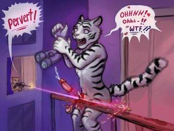 anthro balls binoculars biped bodily_fluids bullet castration cock_and_ball_torture cock_and_balls_torture cum dialogue duo english_text erection exposed_balls fangs felid fur genital_fluids genital_mutilation genital_torture genitals gore gun hi_res holding_gun holding_object holding_ranged_weapon holding_weapon lenexwants male male_ryona mammal mutilation open_mouth pantherine penectomy penis ranged_weapon severed_body_part severed_genitals severed_penis solo_focus speech_bubble striped_body striped_fur stripes tail teeth text tiger voyeur weapon white_body white_fur