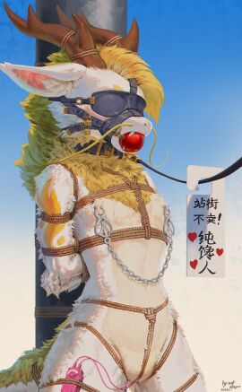 absurd_res animal_genitalia anthro antler_bondage ball_gag blindfold blush bondage bound chinese_text collar dragon eastern_dragon egg_vibrator fur furred_dragon furred_scalie gag genital_slit genitals halter harness_ball_gag harness_gag hi_res leash leashed_collar male mythological_creature mythological_scalie mythology nipple_clamp penetration restraints rope rope_bondage rope_harness scalie sex_toy sex_toy_in_slit sex_toy_insertion signature slit_penetration slit_play solo standing text tied_to_pole translated vibrator vibrator_in_slit white_body wolfwhispermu