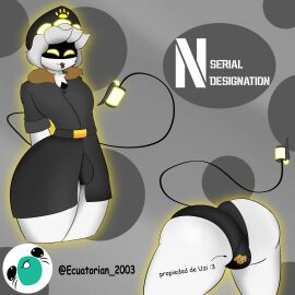 2d 2d_(artwork) arms_behind_back artist_name big_ass big_butt big_penis bulge ecuatorian_2003 eyes_closed femboy glitch_productions high_resolution highres jpeg male male_only murder_drones n_(murder_drones) robot robot_boy simple_background spanish_text thick_thighs tongue tongue_out twink