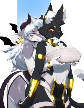 2020s 2024 2d 2d_(artwork) 2girls 5_fingers anthro ass bacardi_(muart242) big_ass big_breasts big_butt big_ears big_thighs black_eyes black_fur blush breasts busty cat_girl claws ear ear_tuft earrings feline female female_focus female_only fur furry furry_female furry_only goat goat_ears gold_bracelet gold_earrings gold_jewelry grabbing_breasts hi_res highres hips hourglass_figure huge_thighs large_ass large_butt large_thighs loincloth long_ears looking_back muart242 oriana_(crusaderglum) original original_character round_ass size_difference smile smiling tail thick_tail thick_thighs thighs voluptuous white_hair wide_hips wrappings yellow_sclera