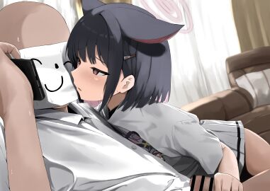 1boy absurdres animal_ears bald black_hair blue_archive cat_ears cat_girl censored colored_inner_animal_ears colored_inner_hair disuto doodle_sensei_(blue_archive) extra_ears female handjob highres kazusa_(blue_archive) multicolored_hair pink_eyes pink_hair pleated_skirt sensei_(blue_archive) shirt skirt t-shirt talking_on_phone two-tone_hair white_shirt white_skirt