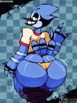 1boy 2025 4_fingers anthro ass avian avian_feet beak big_ass bird blue_background blue_body blue_feathers blue_jay cartoon_network checkered checkered_background clothing corvid devil_horns_(gesture) emanata english_description feathers femboy fingers furry gesture girly half-closed_eyes hand_gesture huge_ass jay_(bird) looking_back male male_only mordecai_(regular_show) narrowed_eyes new_world_jay oscine passerine pattern_background rear_view regular_show shirt simple_background smile solo solo_male standing striped_arms tail tail_feathers thedicock thick_thighs thong topwear underwear white_arms white_clothing white_shirt white_topwear