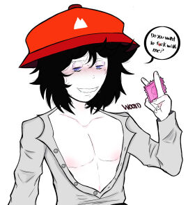 1boy biting_lip blush bucket_hat condom el_cool_p_(incredibox) incredibox male messy_hair nipples no_visible_genitalia polo_(incredibox) red_bucket_hat skinny smile so_far_so_good sweat unbuttoned_shirt v_sign white_background