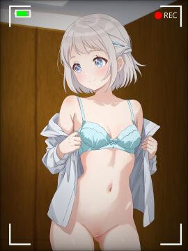absurdres alpaca_no_otouto aqua_bra armpit_crease bar_censor blue_eyes blue_ribbon blush bottomless bra breasts censored cleft_of_venus collarbone female gakuen_idolmaster grey_hair groin hair_ribbon half_up_braid highres idolmaster indoors katsuragi_lilja linea_alba looking_to_the_side navel open_clothes open_shirt pussy recording ribbon ribbon_braid shirt_hold short_hair small_breasts smile solo stomach underwear