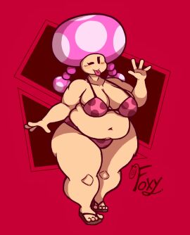 1girls belly bikini blinking blush_lines chubby chubby_belly chubby_female epixfoxy fat fat_female female female_only mario_(series) mob_face mushroom_girl mushroom_humanoid nintendo red_background sandals thick_thighs thighs toadette twintails voluptuous voluptuous_female wide_hips