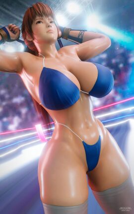 1girls 3d 3d_(artwork) armpits artist_signature belly_button big_breasts big_hips big_thighs bikini blue_bikini blue_swimsuit blurred_background breasts brown_eyes busty dead_or_alive female female_only fighting_ring hair_accessory handwear high_waisted_thong human human_only kasumi_(doa) legwear long_hair midriff panties red_hair redhead snoopz solo solo_female standing stockings swimsuit thighhighs three-quarter_portrait three-quarter_view tied_hair