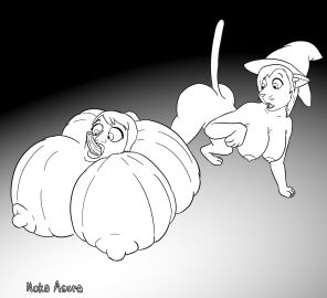 animate_inanimate anthro big_breasts breasts busty_feral clothing domestic_cat duo felid feline felis female feral food fruit halloween hat headgear headwear hi_res holidays mammal noka_asura plant pumpkin semi-anthro surprised witch_hat