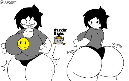 2024 :3 artist_name artist_signature ashley_(woodsglue) ass back_view big_ass big_breasts black_hair black_panties blush breasts cleavage clenched_teeth fat_ass female front_view growth huge_ass jiggle motion_lines panties shirt shocked shocked_eyes teeth thick_ass thick_thighs thighs thunder_thighs thunder_thighs_(item) two_perspectives wobble woodsglue