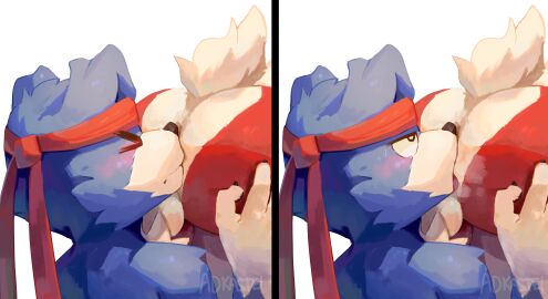 absurd_res accessory anthro ass ass_up balls bandai_namco blue_body blue_fur butt_sniffing canid canine claws crossover digimon digimon_(species) digital_media_(artwork) duo fur gaomon gay generation_7_pokemon genitals headband hi_res lycanroc male male/male mammal midnight_lycanroc nintendo nose_to_anus open_mouth pokemon pokemon_(species) simple_background sniffing white_body white_fur zbernkastel