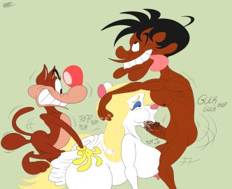 anal_sex animaniacs ass ass_clapping big_ass big_breasts big_butt black_hair blastprocessing16 blonde_hair blowjob breasts brown_fur canid canine canis cartoony eyebrows eyelashes female gloves huge_cock human male minerva_mink mink nipples original_character penis pleasure_face shaking tail teeth tongue trio warner_brothers white_fur