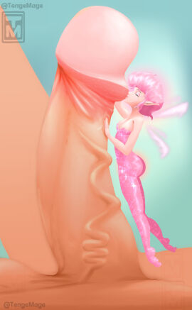 1boy 1girls bodysuit closed_eyes extreme_size_difference fairy_wings female giant glitter kissing_penis larger_male macro male male/female micro micro_on_macro micro_on_penis minigirl minigirl_on_penis penis pink_hair pointy_ears size_difference smaller_female tenge_mage
