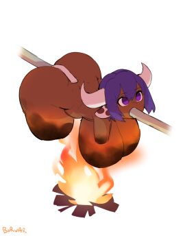 amputee ass bad_end borvar bovid bovid_humanoid bovine bovine_humanoid breasts cannibalism cooked cooking cow_ears cow_girl cow_horns dark-skinned_female dark_skin dead_eyes death female female_death fire guro large_ass large_breasts purple_eyes purple_hair quadruple_amputee roasting roasting_spit silvy_sharpbrim solo spitroast spitroasting
