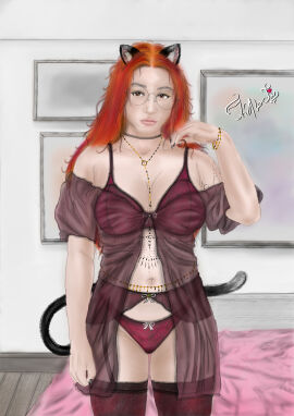 1girl animal_ears bed black_nails bra bracelet breasts brown_eyes cat_ears cat_tail garter_belt glasses indoors innoctis jewelry large_breasts lingerie lips long_hair looking_at_viewer navel necklace nyx_(innoctis) orange_hair panties red_bra red_hair solo tail tattoo thighhighs underwear