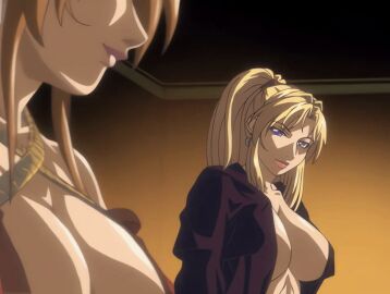 00s 1girls 2006 2girls animated bible_black bible_black_new_testament blonde_hair breasts brown_hair cloak earrings female high_ponytail imari_kurumi jewelry large_breasts lipstick long_hair makeup multiple_girls open_clothes ponytail purple_eyes robe saeki_kaori shin_bible_black side_ponytail smirk tagme