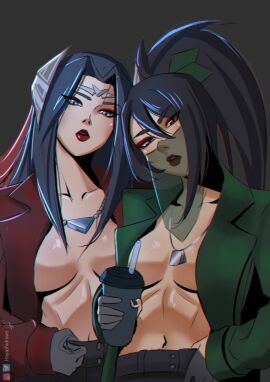 2girls akali akali_jhomen_tethi artist_signature asian asian_female athletic athletic_female bangs belly belly_button black_hair blazer blue_eyes breasts brown_eyes collar collarbone dog_tags eyebrows_visible_through_hair eyeliner female gloves hayashidraws holding_drink holding_object inner_sideboob irelia_xan league_of_legends lips lipstick looking_at_viewer masked medium_breasts midriff no_shirt ponytail red_eyeliner red_lips red_lipstick riot_games straight_hair tattoo tencent thick_lips tiara