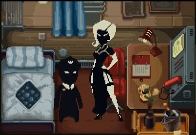 1boy 1girls 2d animated artist_request beholder_(game) blonde_hair conductor female game_cg gif lingerie male michelle_(beholder) michelle_shimanskaya pixel_animation pixel_art stockings unknown_artist white_eyes