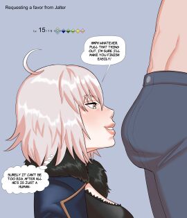 1boy 1girls ahoge blonde blonde_female blonde_hair bulge_through_clothing fate/grand_order fate_(series) female fur_coat fur_collar fur_trim fur_trimmed_coat gameplay_mechanics imminent_oral jeanne_alter kneeling light-skinned_female light-skinned_male light_skin male partial_male pawgg shirtless shirtless_male short-haired_female short_hair smug text text_bubble thought_bubble toned toned_male white_hair yellow_eyes