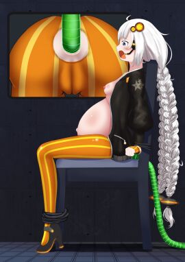 1girls anal_insertion anus ass belly belly_inflation big_belly bondage breasts cameltoe cauguy chair female nipples pussy sitting tube tube_in_ass water_inflation white_hair