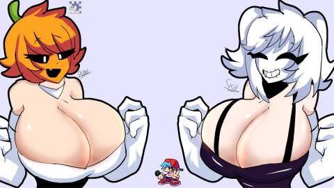 2021 2girls aged_up big_breasts boyfriend_(friday_night_funkin) breasts female friday_night_funkin genderswap genderswap_(mtf) huge_breasts mask newgrounds only_female orange_hair pump_(srpelo) rule_63 skid_(srpelo) spooky_month white_background white_hair youtube