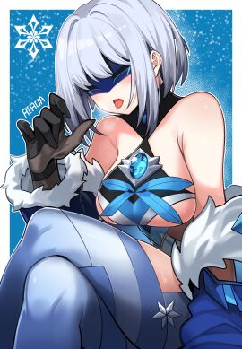 1girls barely_clothed big_breasts blush breasts clothing cryo_cicin_mage_(genshin_impact) fatui female genshin_impact gloves handjob_gesture legs_together mask open_mouth revealing_clothes sagging_breasts short_hair sitting solo_female steam sweat thick_thighs white_hair