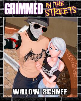 1boy 1girls arrancon blue_eyes clothed_female clothed_male cover_page female male monster monster_boy rwby skorn_(arrancon_grimmed) sunglasses taking_picture taking_selfie white_hair white_hair_female willow_schnee