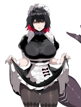 1girls ass big_breasts black_hair breasts busty clothed colored dark_hair dress dress_shirt ellen_joe female female_only fish_tail fully_clothed hoyoverse huge_breasts large_breasts light-skinned_female light_skin maid maid_apron maid_headdress maid_outfit maid_uniform masoq095 mihoyo multicolored_hair red_eyes red_hair shark_girl shark_tail skirt_lift tail thick thick_ass thick_thighs thighs victoria_housekeeping zenless_zone_zero