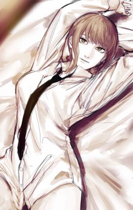 1girls arched_back arms_up black_necktie bottomless chainsaw_man expressionless female long_sleeves looking_at_viewer lying makima_(chainsaw_man) raberu_ruru red_hair ringed_eyes yellow_eyes