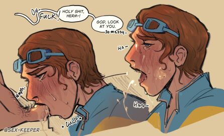 2boys auburn_hair blowjob blue_eyes blush colored crying cum cum_on_face dispatch_(game) english_text face_closeup fellatio gay male moaning penis pubes sex_keeper sexkeeper_art short_hair sucking sucking_penis swimming_goggles waterboy_(dispatch) wet_hair yaoi