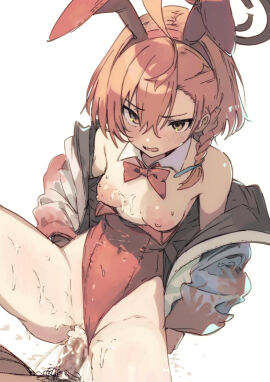 1boy ahoge animal_ears blue_archive blush bow bowtie braid breasts brown_eyes clothing_aside cum cum_in_pussy cum_on_body cum_on_breasts detached_collar fake_animal_ears female gorirago halo highres jacket leotard leotard_aside looking_at_viewer male male_pubic_hair neru_(blue_archive) neru_(bunny)_(blue_archive) nipples open_clothes open_jacket open_mouth penis playboy_bunny pov pubic_hair pussy rabbit_ears red_bow red_bowtie red_leotard sex side_braid simple_background small_breasts solo_focus spread_legs straight strapless strapless_leotard sukajan sweat vaginal_penetration white_background