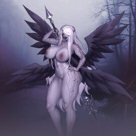 adoptable blonde-haired_female blonde_female blonde_hair dark_valkyrie_(lov) female kolgaart latex latex_bodysuit latex_clothing latex_gloves latex_suit mge monster_girl monster_girl_encyclopedia purple-skinned_female purple_skin valkyrie white_body white_hair