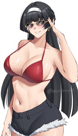 absurdres astra_yao bikini black_hair breasts earrings female hairband highres jewelry navel obosounds red_bikini red_eyes simple_background solo swimsuit uneven_bangs white_background white_hairband zenless_zone_zero