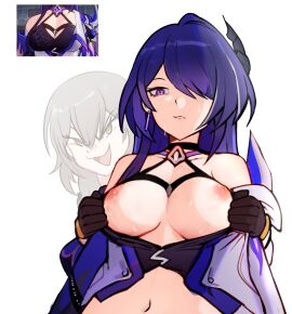 2girls absurdres acheron_(honkai:_star_rail) armor bare_shoulders black_choker black_gloves breasts breasts_out choker coat collarbone criss-cross_halter earrings female game_screenshot_inset gloves grey_hair hair_between_eyes hair_ornament hair_over_one_eye halterneck highres honkai:_star_rail honkai_(series) jewelry large_breasts long_hair looking_at_viewer looking_down multicolored_hair multiple_females multiple_girls navel nipples parted_lips pennyjoyr pulling_another's_clothes purple_eyes purple_hair shoulder_armor simple_background smug stelle_(honkai:_star_rail) streaked_hair sweatdrop upper_body white_background white_coat yellow_eyes